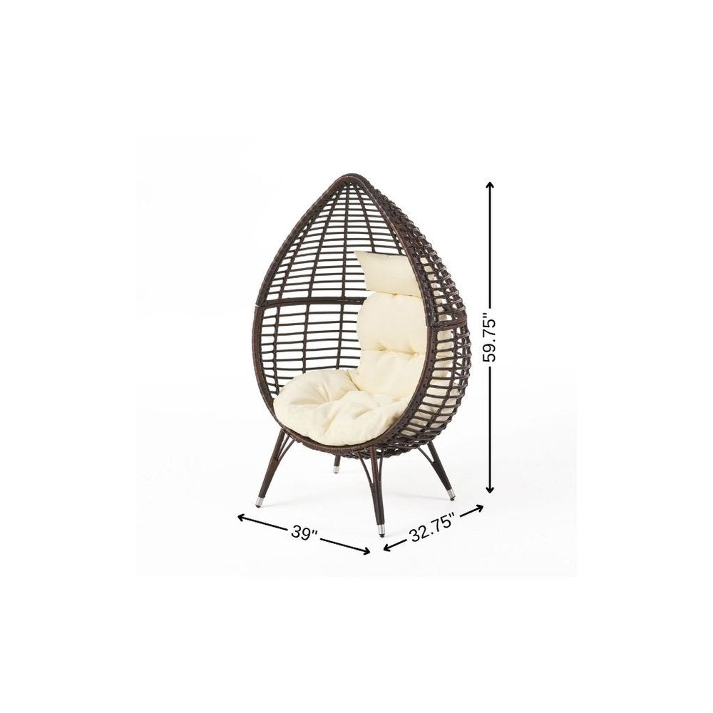 Beige Metal Outdoor Egg Chair with White Cushion - 39-inch