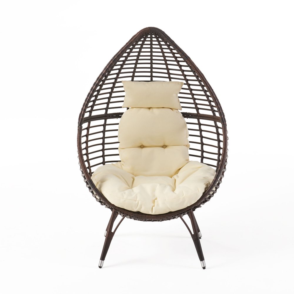 Beige Metal Outdoor Egg Chair with White Cushion - 39-inch