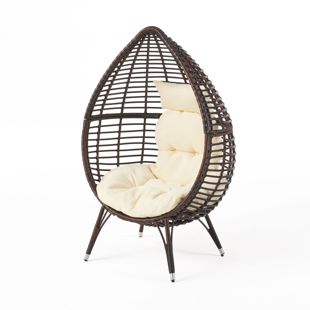 Beige Metal Outdoor Egg Chair with White Cushion - 39-inch