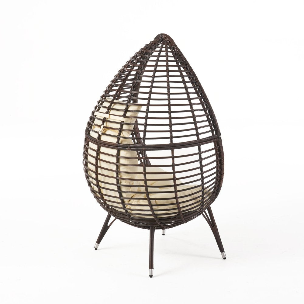 Beige Metal Outdoor Egg Chair with White Cushion - 39-inch