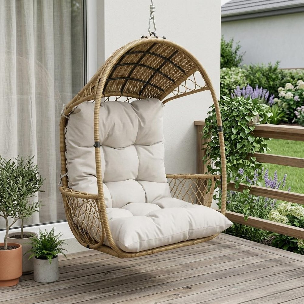 Beige Metal Outdoor Egg Chair with Gray Cushion - 35-inch