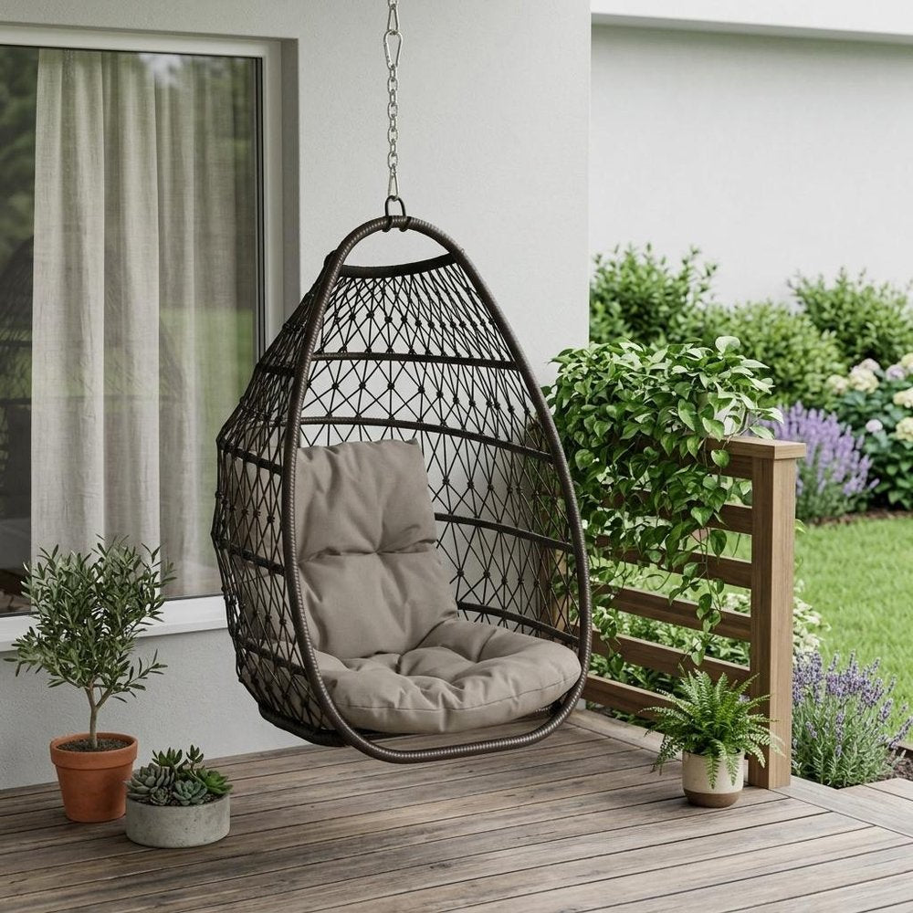 Brown Metal Outdoor Egg Chair with Brown Cushion - 29-inch
