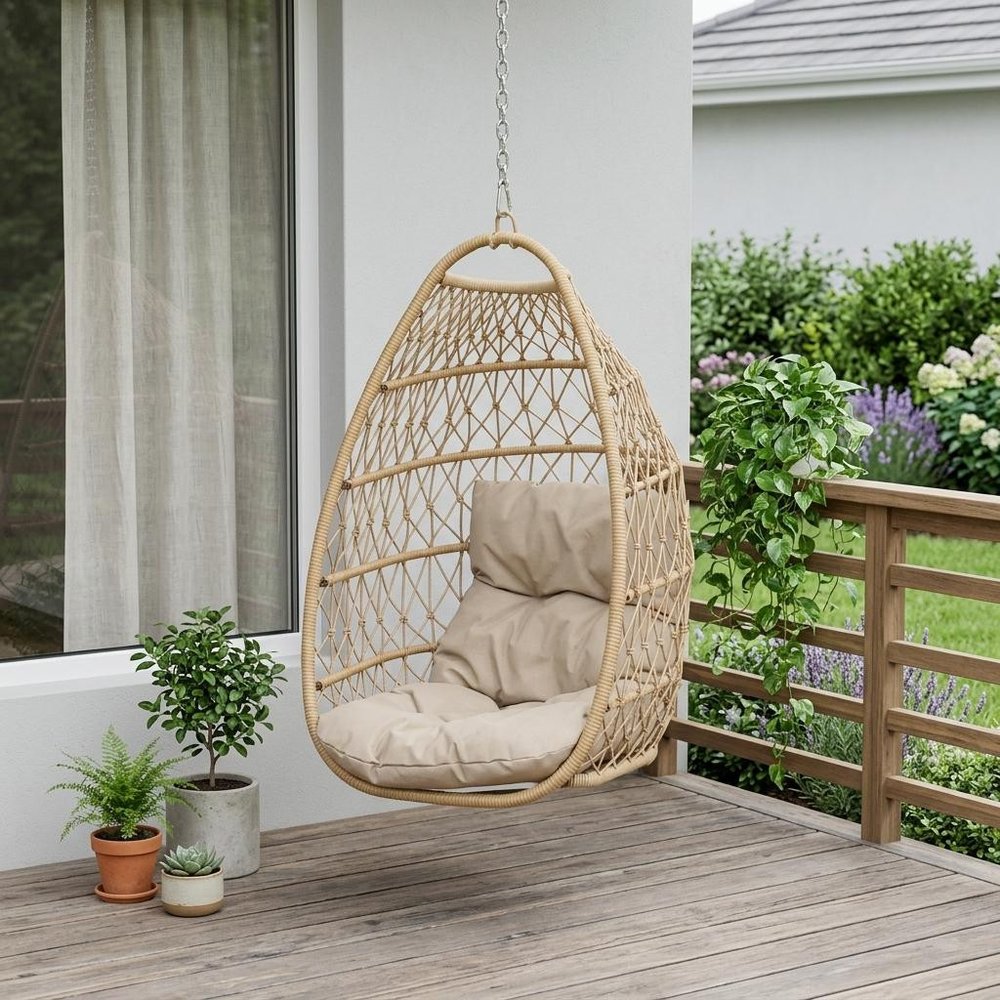 Brown Metal Outdoor Egg Chair with Brown Cushion - 29-inch