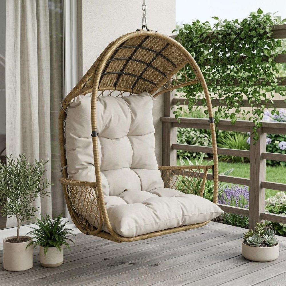 Beige Metal Outdoor Egg Chair with Gray Cushion - 35-inch