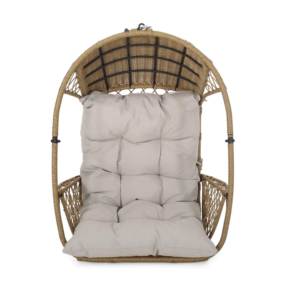 Beige Metal Outdoor Egg Chair with Gray Cushion - 35-inch