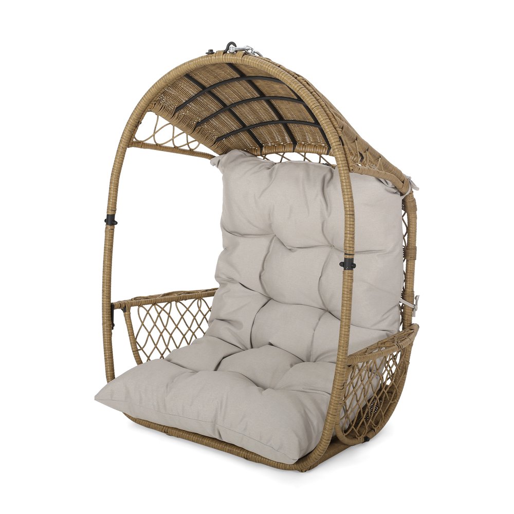 Beige Metal Outdoor Egg Chair with Gray Cushion - 35-inch