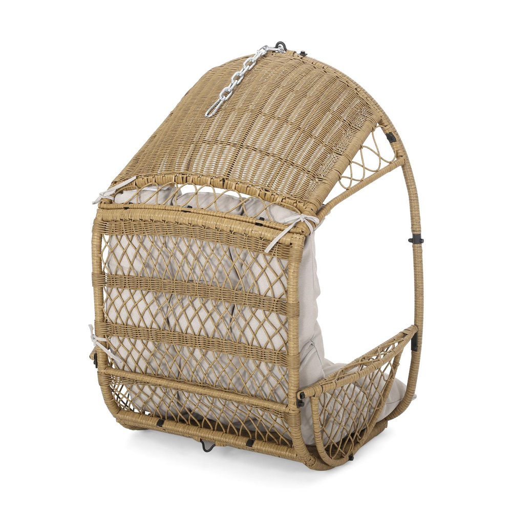 Beige Metal Outdoor Egg Chair with Gray Cushion - 35-inch