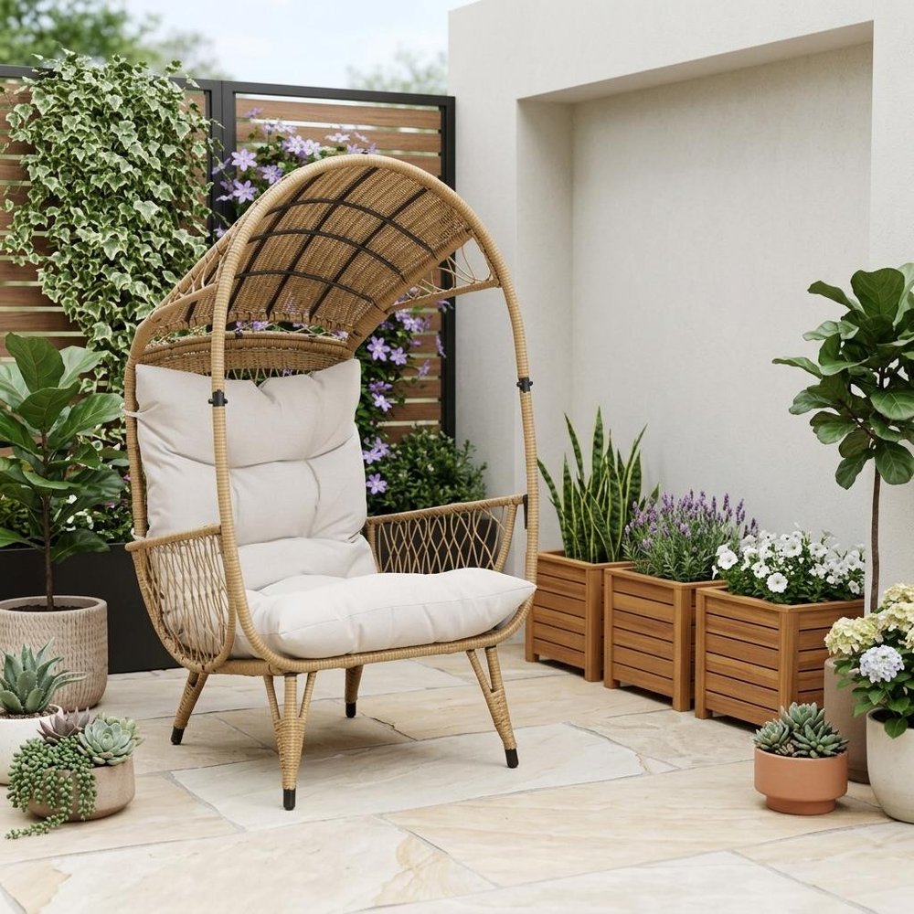 Beige Metal Outdoor Egg Chair with Beige Cushion - 37-inch