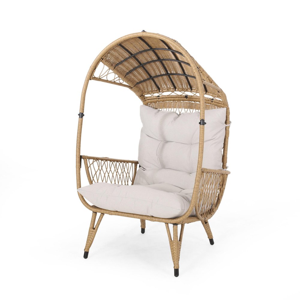 Beige Metal Outdoor Egg Chair with Beige Cushion - 37-inch