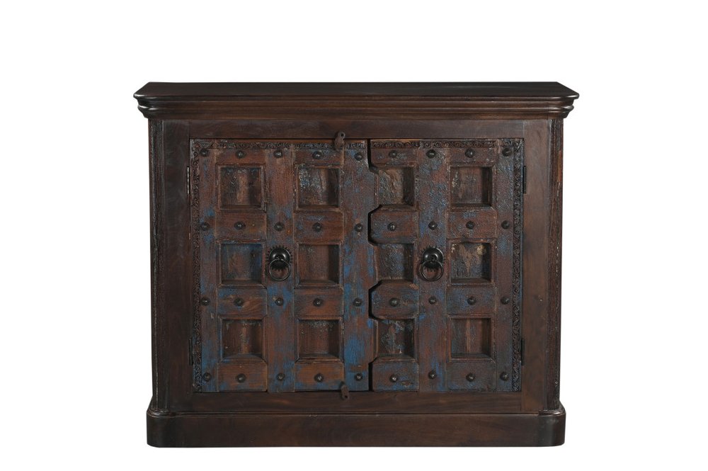 Dark Brown Distressed Solid Wood Carved Geometric Sideboard with Two Doors