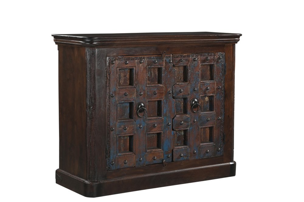 Dark Brown Distressed Solid Wood Carved Geometric Sideboard with Two Doors