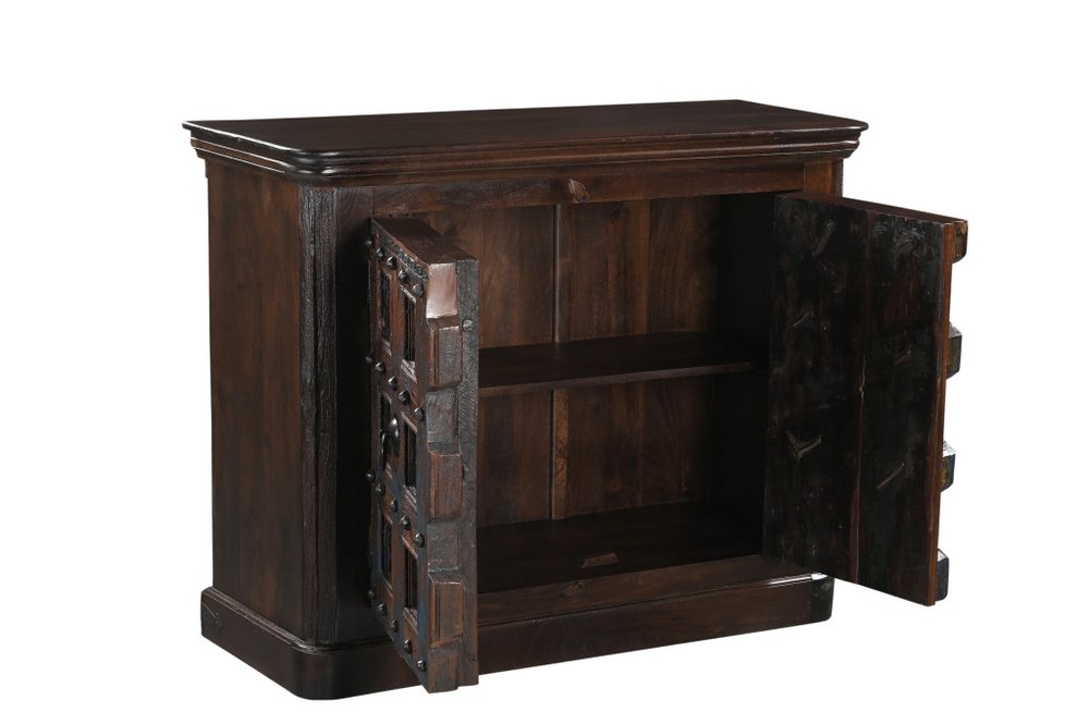Dark Brown Distressed Solid Wood Carved Geometric Sideboard with Two Doors