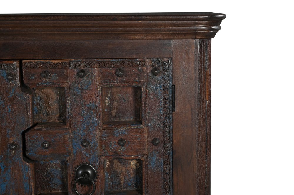 Dark Brown Distressed Solid Wood Carved Geometric Sideboard with Two Doors