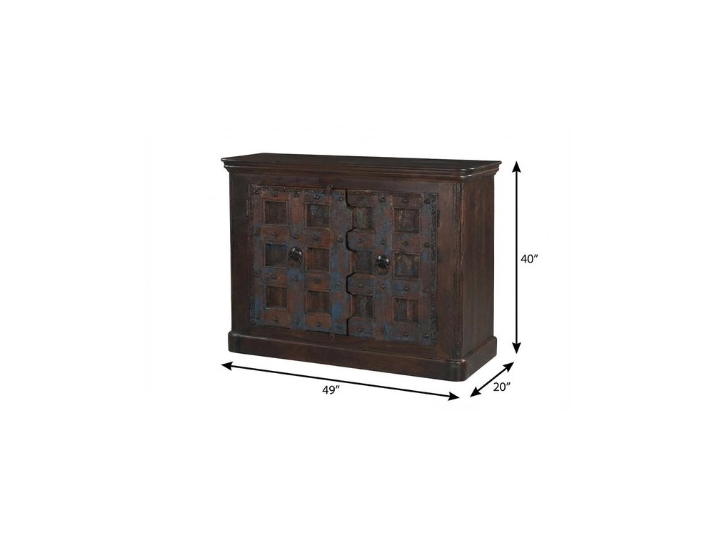Dark Brown Distressed Solid Wood Carved Geometric Sideboard with Two Doors