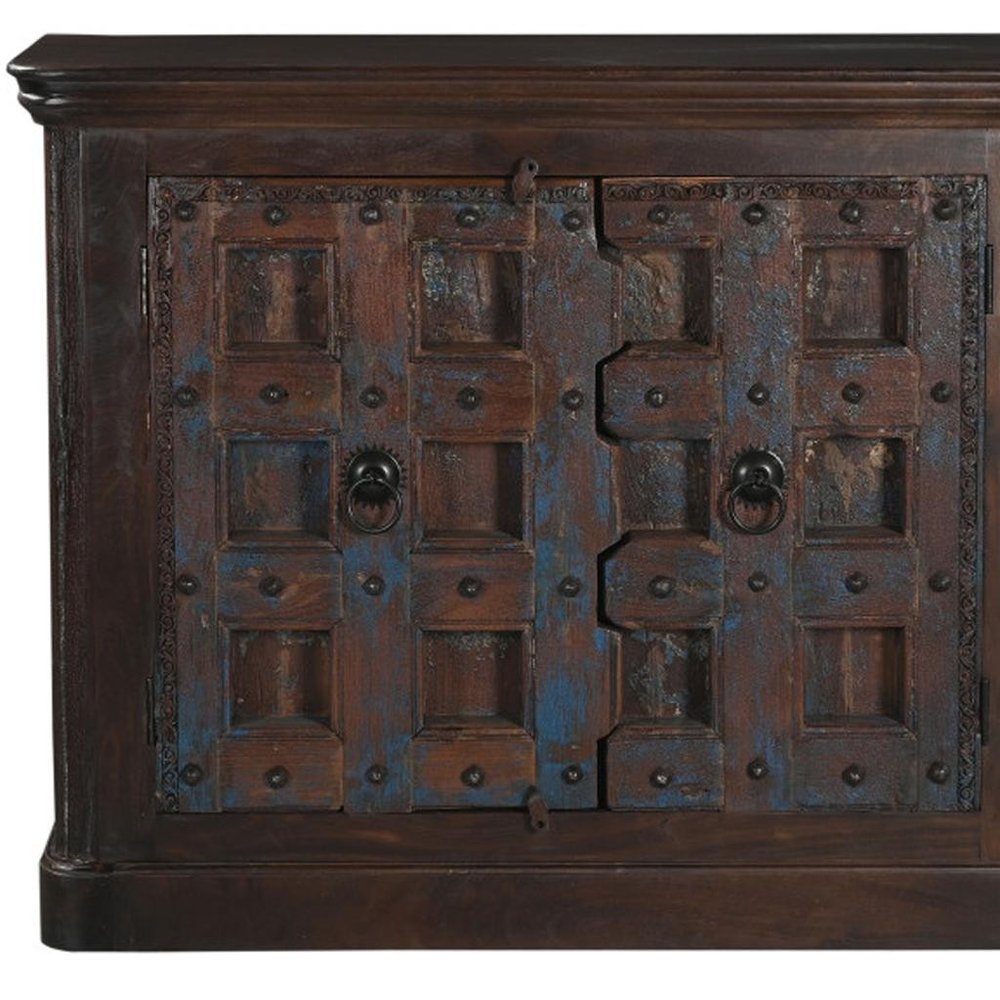 Dark Brown Distressed Solid Wood Carved Geometric Sideboard with Two Doors