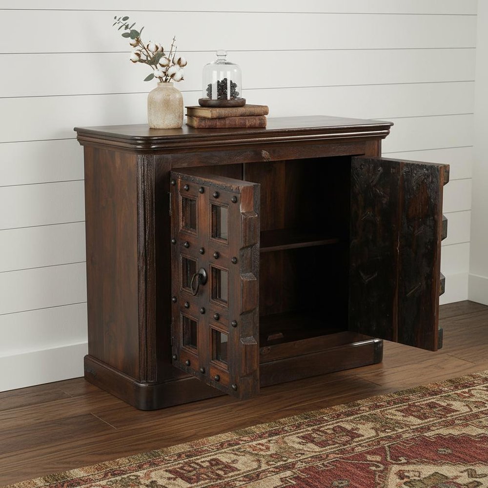 Dark Brown Distressed Solid Wood Carved Geometric Sideboard with Two Doors