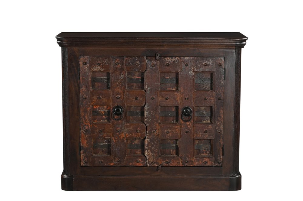 Dark Brown Distressed Solid Wood Carved Geometric Sideboard with Two Doors