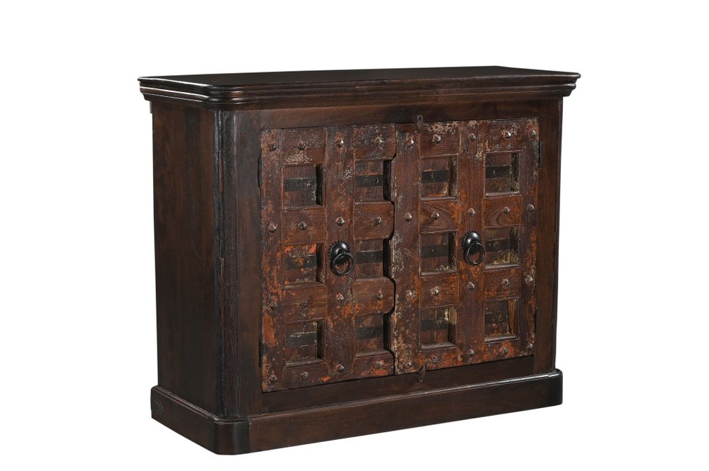 Dark Brown Distressed Solid Wood Carved Geometric Sideboard with Two Doors