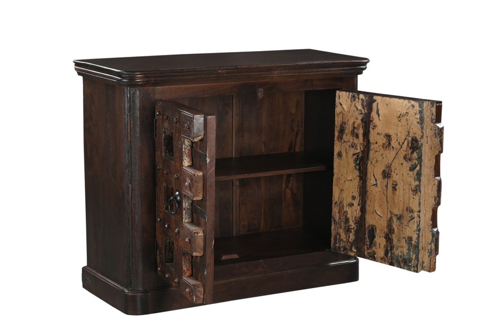Dark Brown Distressed Solid Wood Carved Geometric Sideboard with Two Doors