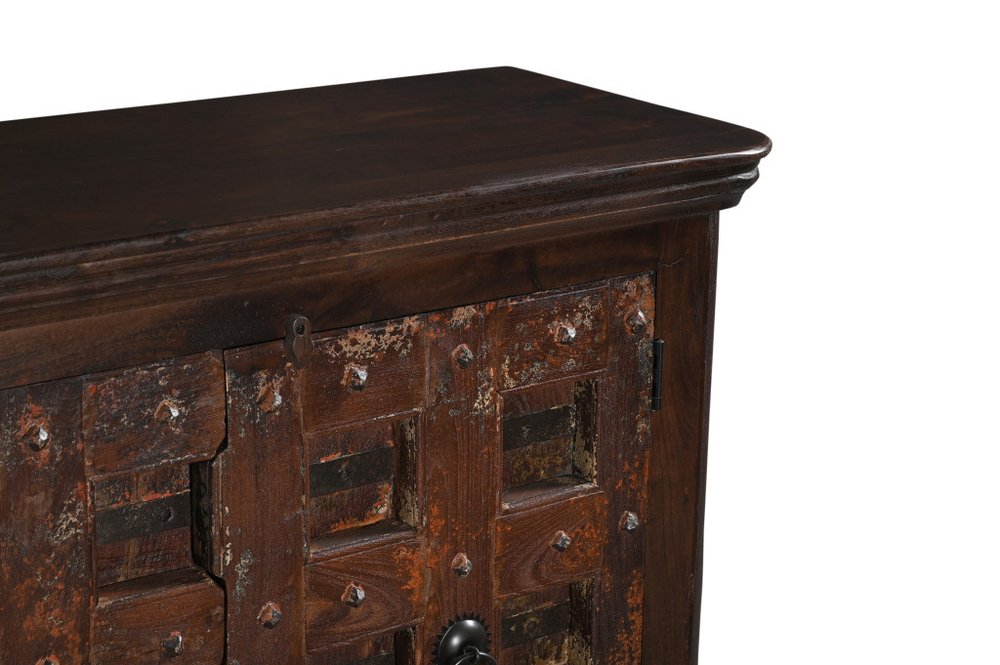 Dark Brown Distressed Solid Wood Carved Geometric Sideboard with Two Doors