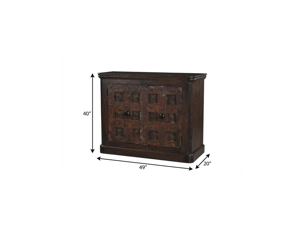 Dark Brown Distressed Solid Wood Carved Geometric Sideboard with Two Doors