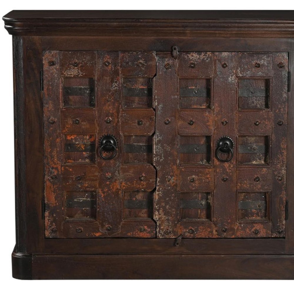 Dark Brown Distressed Solid Wood Carved Geometric Sideboard with Two Doors