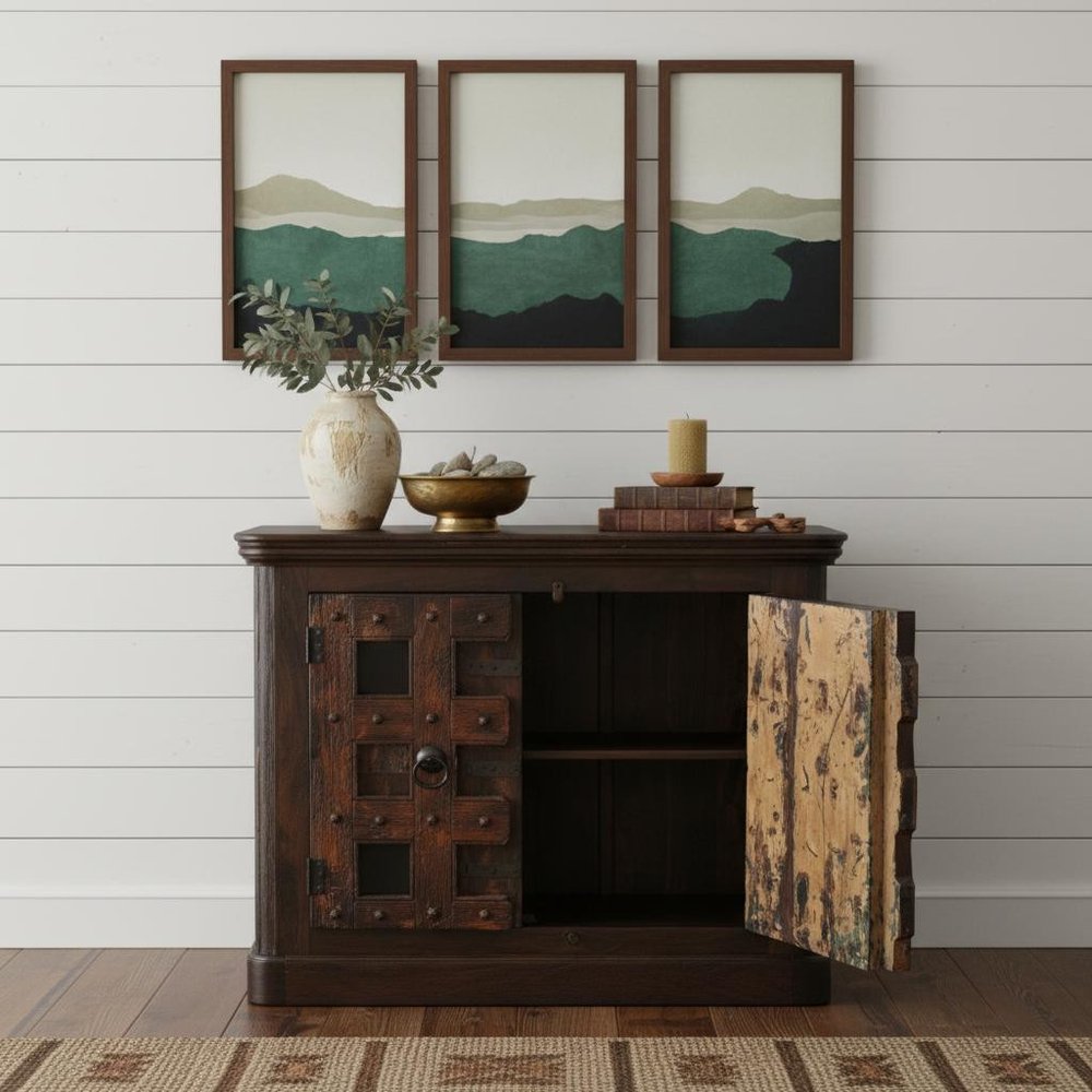 Dark Brown Distressed Solid Wood Carved Geometric Sideboard with Two Doors