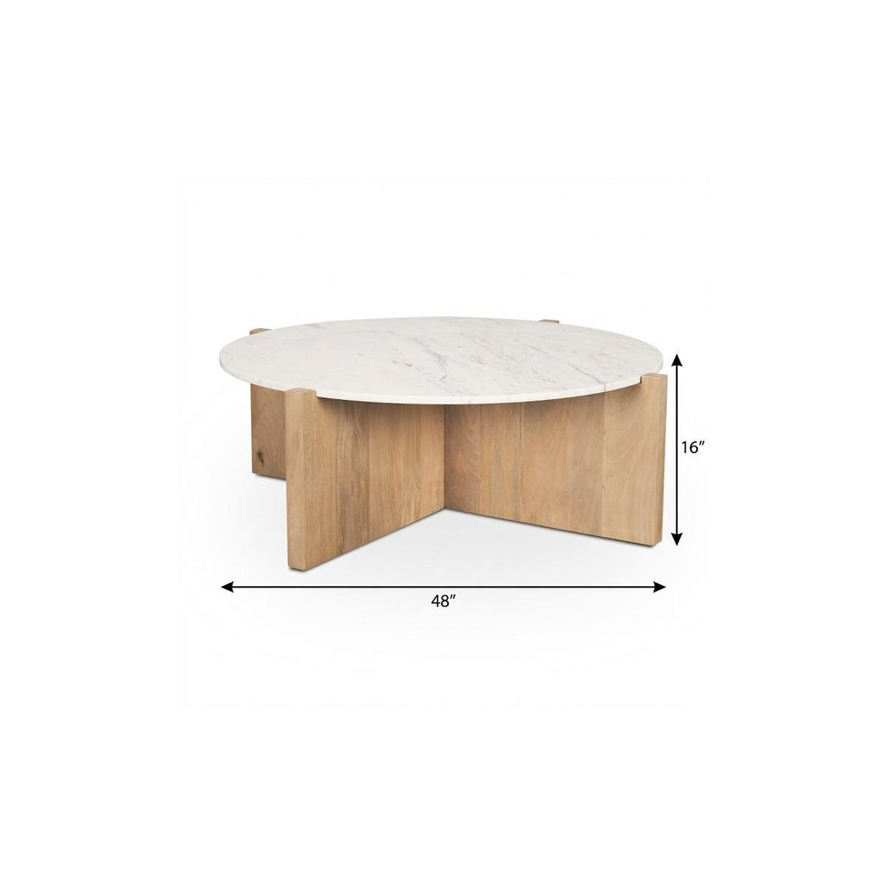 White and Brown Marble and Solid Wood Round Coffee Table - 48-inch