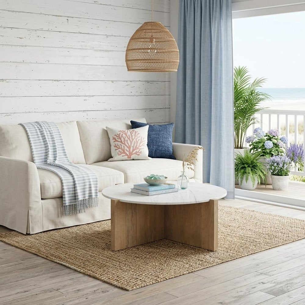 White and Brown Marble and Solid Wood Round Coffee Table - 48-inch