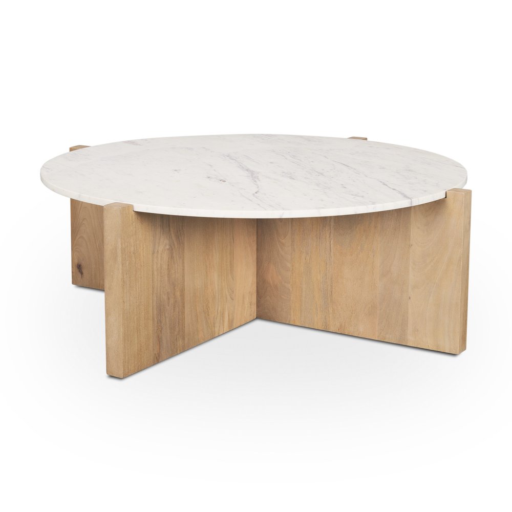 White and Brown Marble and Solid Wood Round Coffee Table - 48-inch