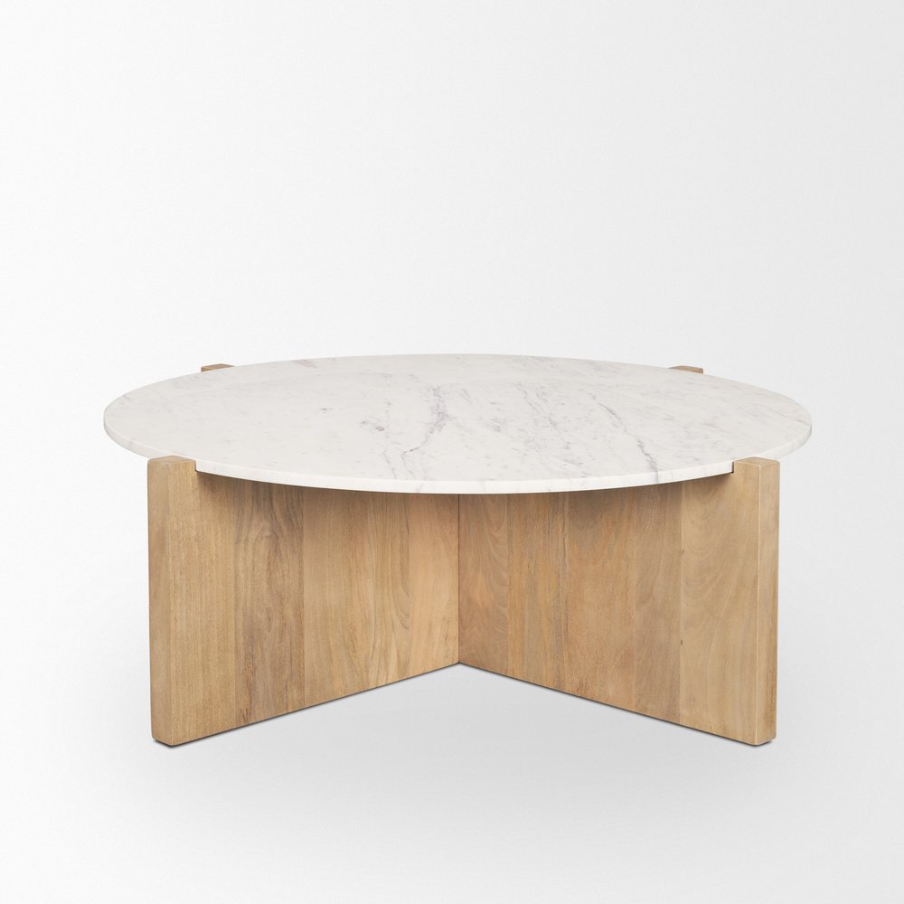 White and Brown Marble and Solid Wood Round Coffee Table - 48-inch