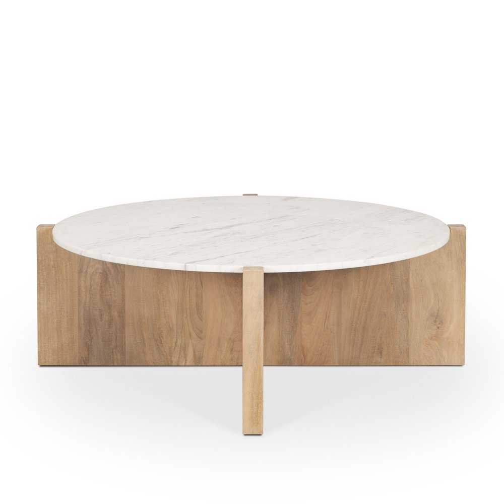 White and Brown Marble and Solid Wood Round Coffee Table - 48-inch