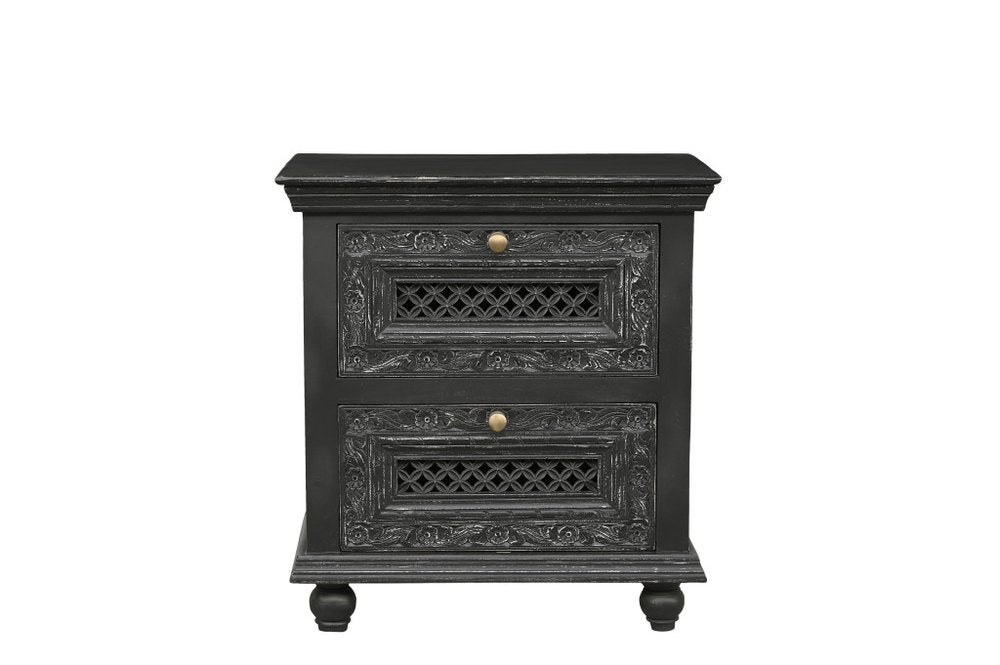 Black Solid Wood Square Distressed Carved Floral Two Drawer Nightstand - 28-inch