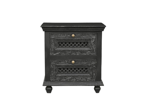 Black Solid Wood Square Distressed Carved Floral Two Drawer Nightstand - 28-inch