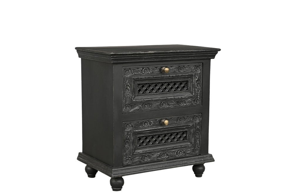 Black Solid Wood Square Distressed Carved Floral Two Drawer Nightstand - 28-inch