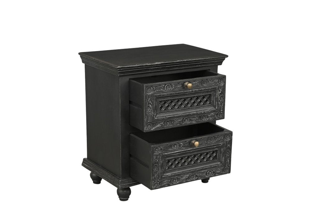Black Solid Wood Square Distressed Carved Floral Two Drawer Nightstand - 28-inch