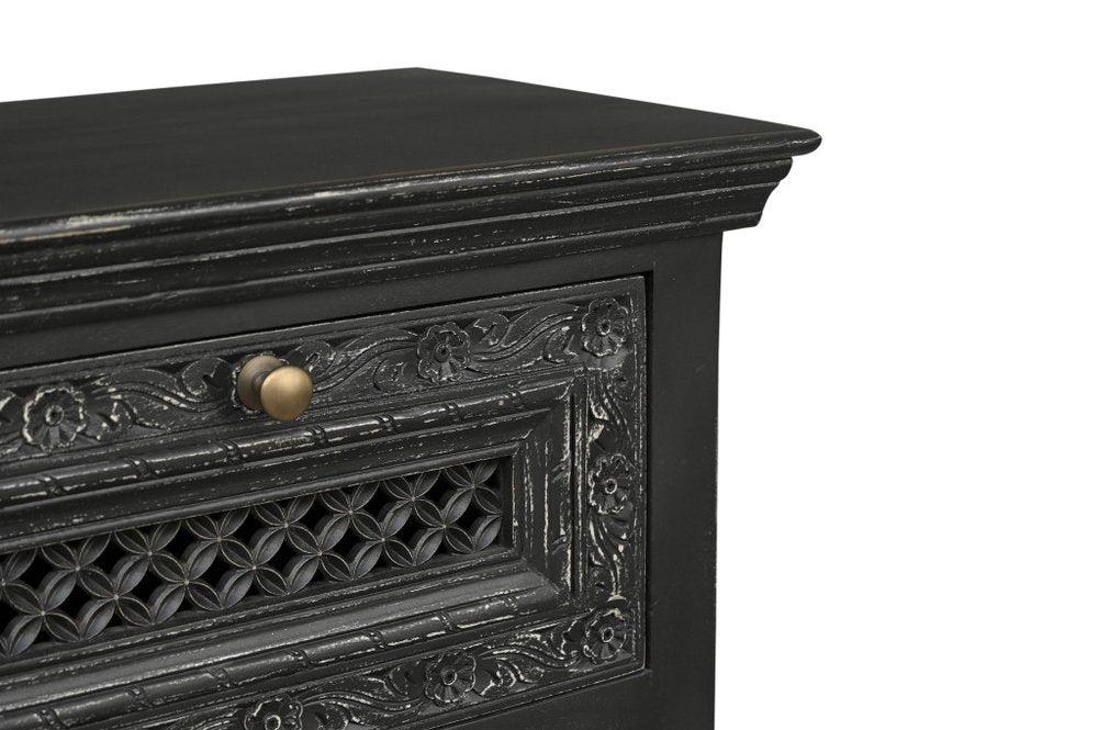 Black Solid Wood Square Distressed Carved Floral Two Drawer Nightstand - 28-inch