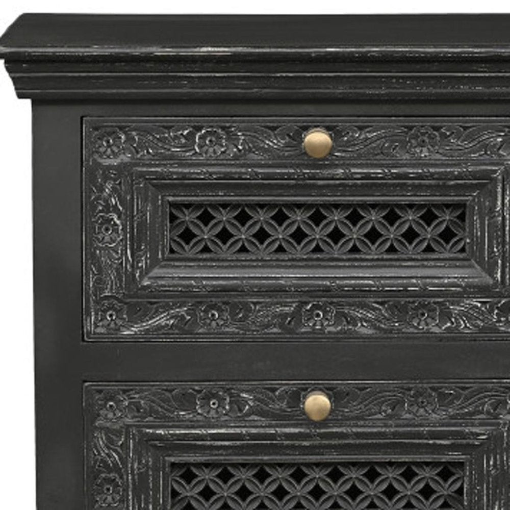 Black Solid Wood Square Distressed Carved Floral Two Drawer Nightstand - 28-inch