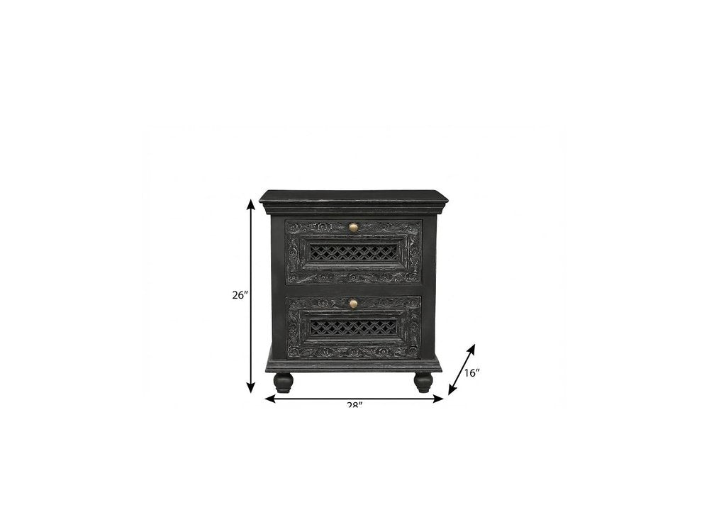 Black Solid Wood Square Distressed Carved Floral Two Drawer Nightstand - 28-inch