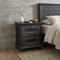 Black Solid Wood Square Distressed Carved Floral Two Drawer Nightstand - 28-inch