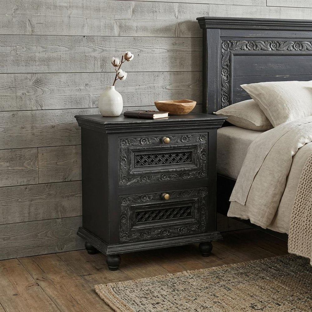 Black Solid Wood Square Distressed Carved Floral Two Drawer Nightstand - 28-inch