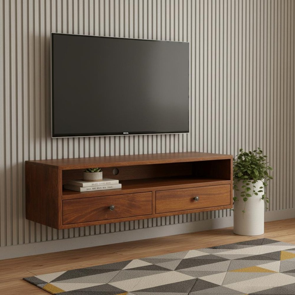 Brown Solid Wood Floating Mount TV Stand - 35-inch