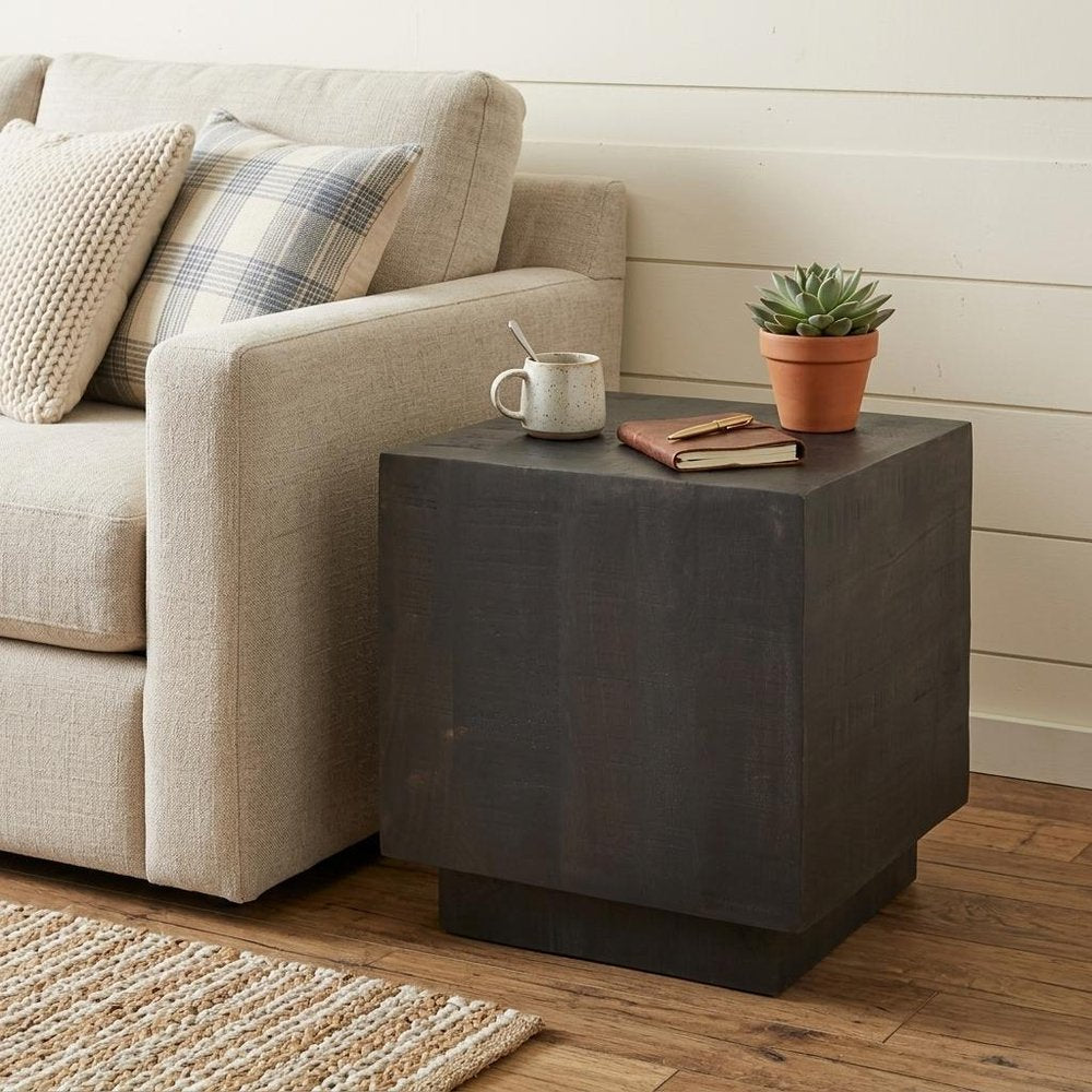 Dark Brown Distressed Solid Wood Square Block End Table - 24-inch