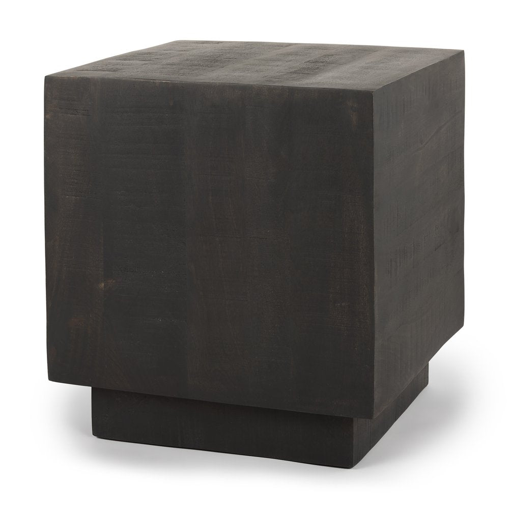 Dark Brown Distressed Solid Wood Square Block End Table - 24-inch