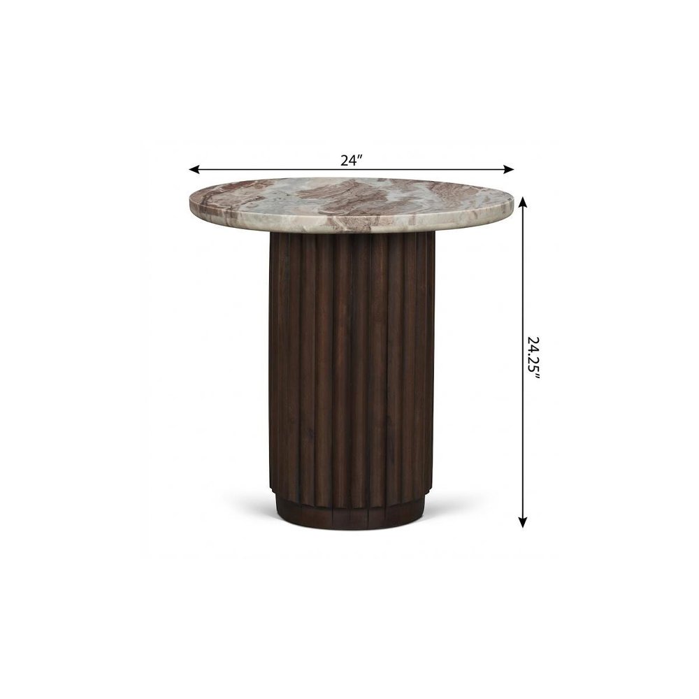 Pink and Espresso Marble and Solid Wood Round Pedestal End Table