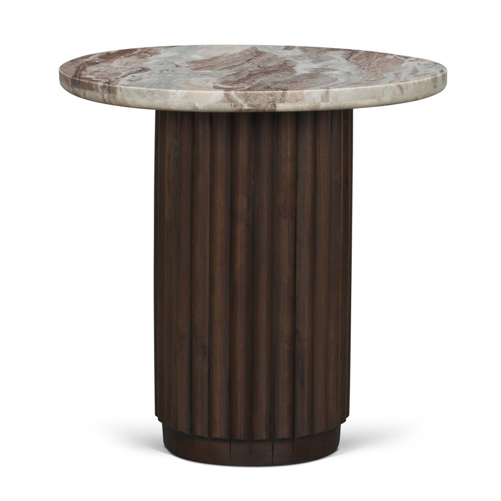 Pink and Espresso Marble and Solid Wood Round Pedestal End Table
