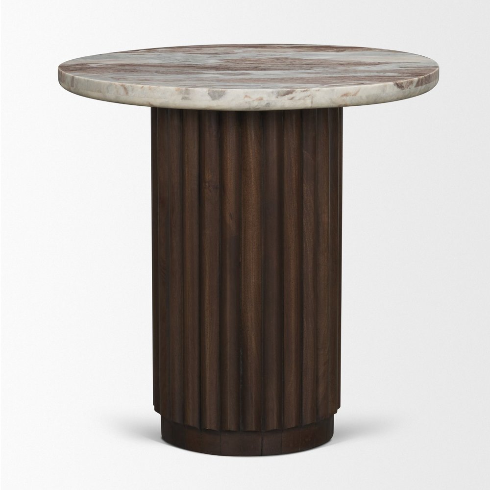 Pink and Espresso Marble and Solid Wood Round Pedestal End Table