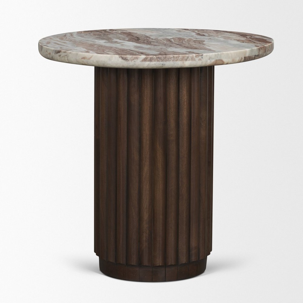 Pink and Espresso Marble and Solid Wood Round Pedestal End Table