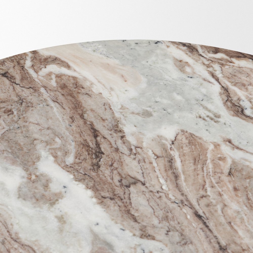 Pink and Espresso Marble and Solid Wood Round Pedestal End Table