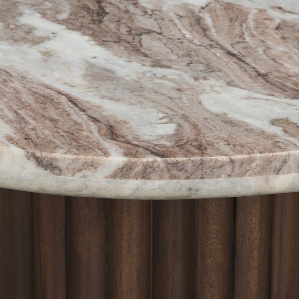 Pink and Espresso Marble and Solid Wood Round Pedestal End Table